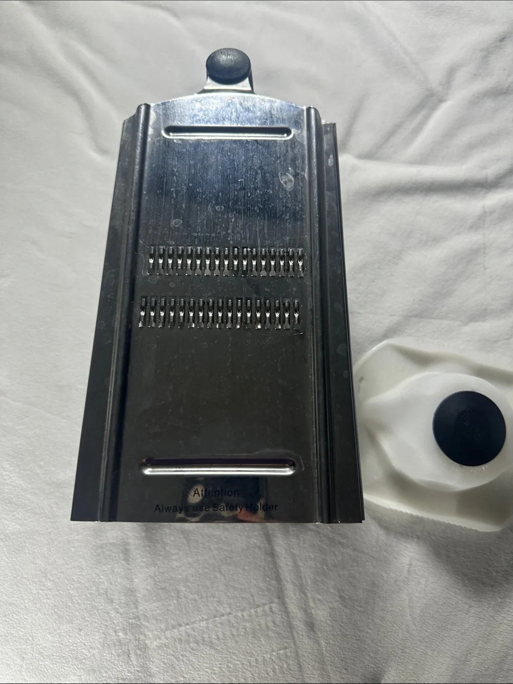 Stainless Steel Box Grater with White Plastic Food Holder